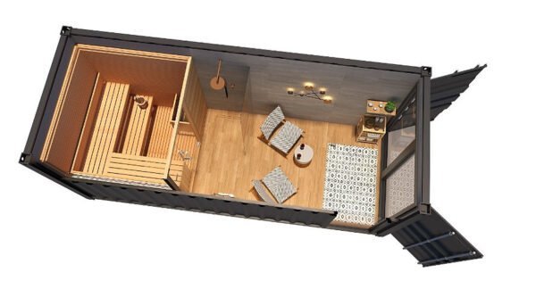 Saunacontainer von 15 m² mit „schlüsselfertigem“ Ruhebereich